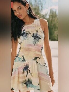 CELANDINE from ANTHROPOLOGIE Blue Crush Palm Print Mini Sun Dress – LARGE – NWT